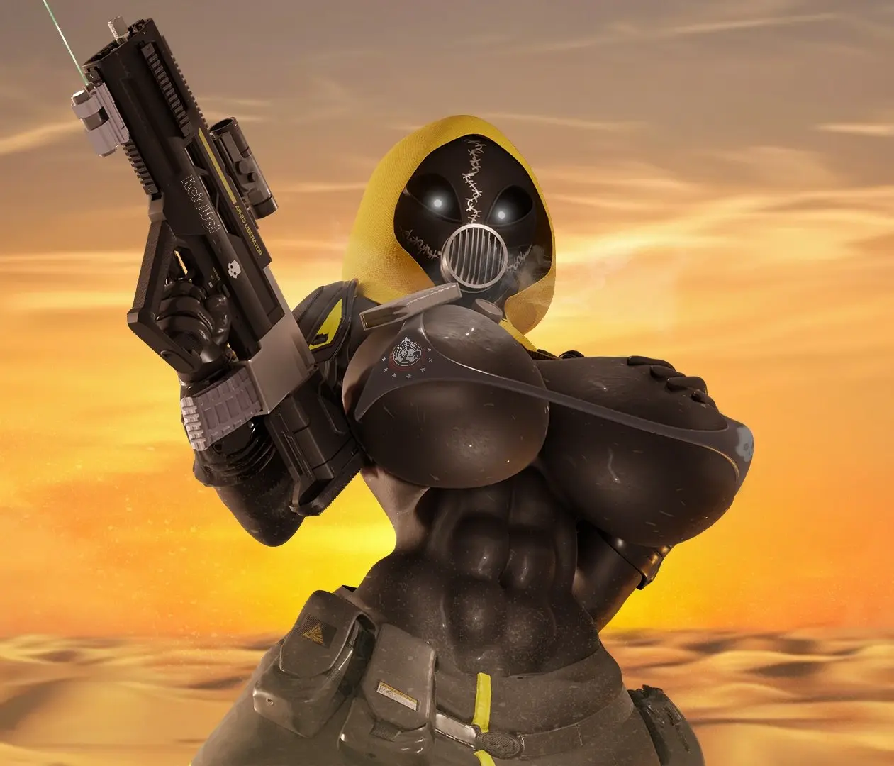 Image 1girls,female,female_only,hi_res,highres,looking_at_viewer,solo,gloves,navel,sweat,female_focus,wide_hips,areola,areolae,hips,midriff,solo_female,solo_focus,2d,3d,3d_(artwork),2d_(artwork),5_fingers,steam,sweating,sweaty,2024,abs,2020s,nipple_bulge,toned,mask,helldivers,helldivers_2,gas_mask,gun,toned_stomach,masked_female,helldiver_(helldivers),masked,kein_wal,meh-chan_(lamoz571)