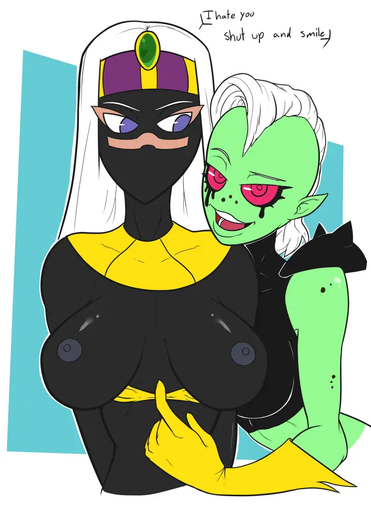Image female,red_eyes,white_hair,disney,purple_eyes,disney_channel,disney_xd,dialogue,black_body,green_body,facial_mark,alien,alien_girl,looney_tunes,warner_brothers,alien_humanoid,duck_dodgers,lord_dominator,martian,martian_(duck_dodgers),queen_tyr'ahnee,wander_over_yonder,assisted_exposure,empirezombie,removing_top