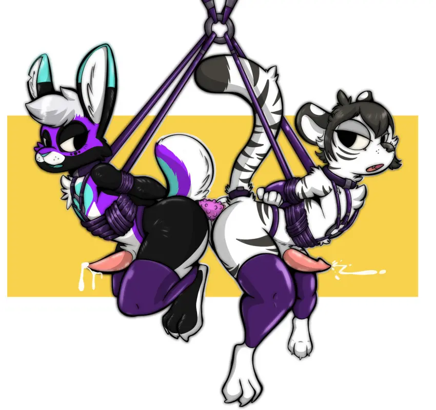 Image cum,male,penis,duo,feet,male/male,anthro,ejaculation,genital_fluids,bodily_fluids,genitals,mammal,sex_toy,claws,toe_claws,dildo,feline,bondage,double_dildo,suspension,toes,animal_genitalia,sheath,lagomorph,felid,bound,3_toes,abstract_background,suspension_bondage,fatigue_(artist)