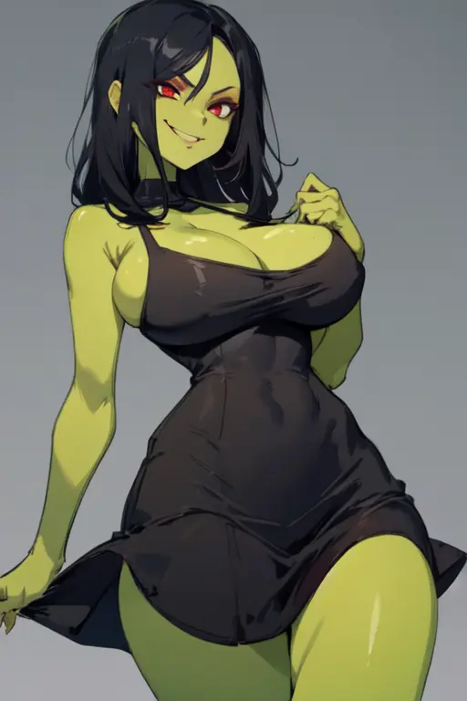 Image 1girls,big_breasts,breasts,female,female_only,red_eyes,black_hair,female_focus,seductive,thick_thighs,wide_hips,ai_generated,green_skin,busty,medium_hair,black_dress,video_games,perfect_body,villainess,evil_smile,child_bearing_hips,video_game_character,video_game_franchise,witch,evil_grin,banjo-kazooie,evil,game_over_gruntilda,gruntilda,gruntilda_winkybunion,evil_eyes,minidress
