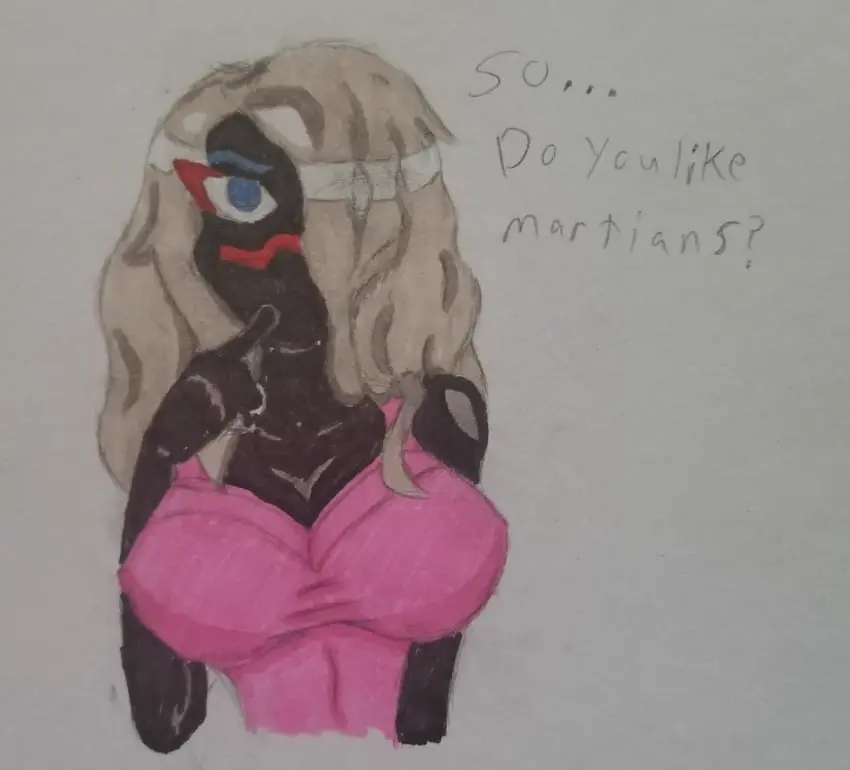Image female,dialogue,black_body,facial_mark,alien,alien_girl,pink_clothing,drawn,looney_tunes,warner_brothers,alien_humanoid,duck_dodgers,martian,martian_(duck_dodgers),queen_tyr'ahnee,trapknight