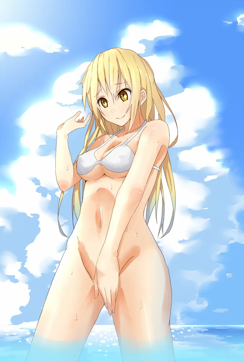 Image 1girls,female,female_only,long_hair,yellow_eyes,bikini,bra,blonde_hair,teenager,teenage_girl,cute,no_panties,bottomless,young,blonde_female,covering_crotch,cute_girl,shokuhou_misaki,slim_girl,sparkling_eyes,to_aru_majutsu_no_index,sea,dumny,kawaii