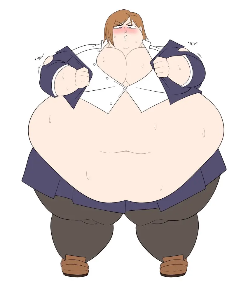 Image blush,breasts,female,white_clothing,huge_breasts,brown_hair,fat,overweight_female,morbidly_obese,ssbbw,inflation_fetish,jujutsu_kaisen,kugisaki_nobara,leggings,blue_clothing,fat_thighs,brown_shoes,chubby_face,exposed_belly,mrlowground,trying_to_cover_up