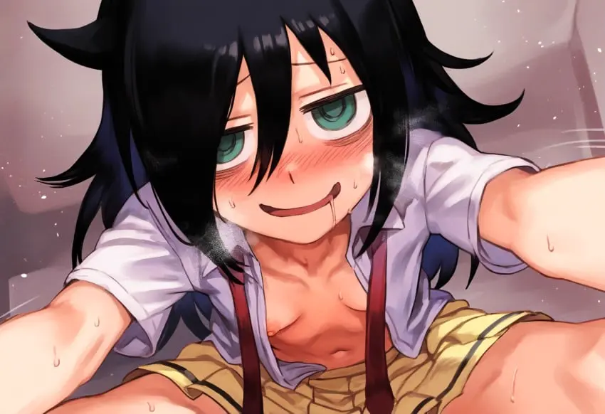 Image blush,breasts,collared_shirt,female,nipples,smile,black_hair,sweat,sex,small_breasts,ai_generated,cowgirl_position,collarbone,drooling,green_eyes,heavy_breathing,pov,skirt,sweating,2024,necktie,clothed_sex,reaching_towards_viewer,bags_under_eyes,messy_hair,clothes_pull,ambiguous_pov,close_up,intimate,jimiko,kuroki_tomoko,watashi_ga_motenai_no_wa_dou_kangaetemo_omaera_ga_warui!