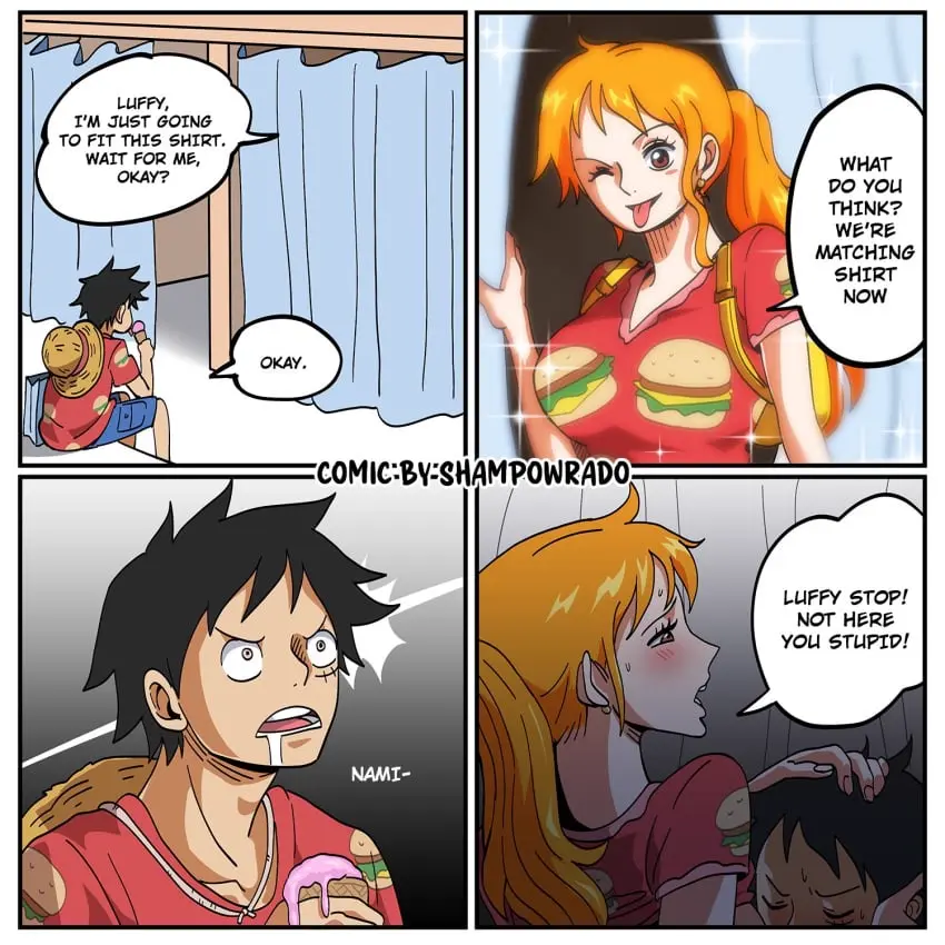 Image 1girls,female,long_hair,1boy,black_hair,male,short_hair,tongue_out,one_piece,ponytail,nami_(one_piece),orange_hair,post-timeskip,drooling,wink,couple,comic,dialogue,shirt_lift,breast_sucking,english_text,scar,speech_bubble,monkey_d_luffy,flirting,stealth_sex,straw_hat,4_panel_comic,humor,implied_breast_sucking,matching_outfit,shampowrado
