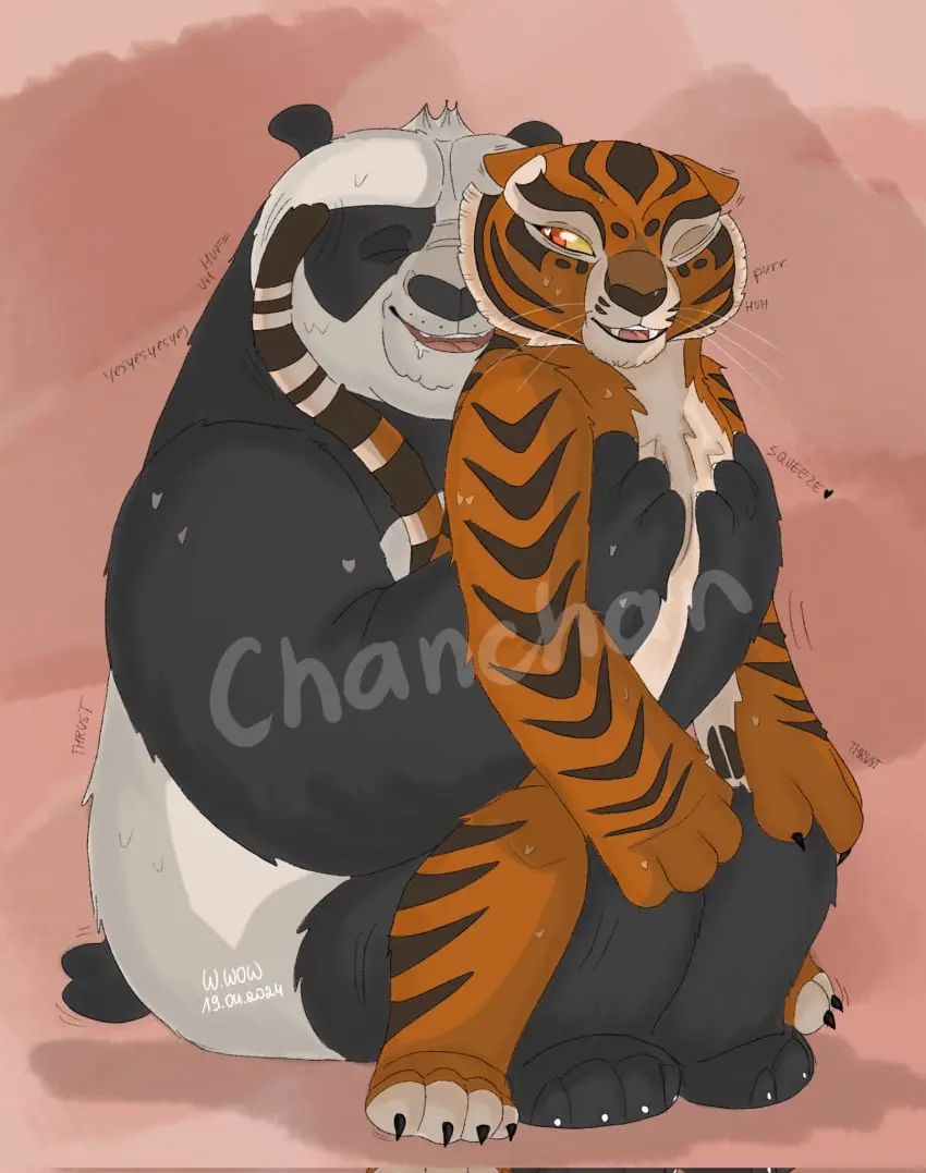 Image breasts,female,hi_res,open_mouth,simple_background,smile,male,nude,tail,sex,duo,digital_media_(artwork),ambiguous_penetration,from_behind_position,male/female,anthro,text,sitting,penetration,bodily_fluids,fur,mammal,sound_effects,english_text,female_penetrated,male_penetrating,orange_body,bear,male_penetrating_female,felid,overweight,pantherine,stripes,tiger,onomatopoeia,dreamworks,hand_on_breast,giant_panda,kung_fu_panda,master_tigress,chanchankfp,convenient_censorship,master_po_ping