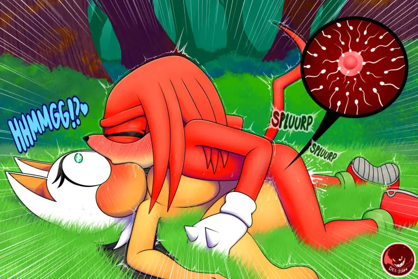 Image blush,breasts,female,hi_res,cum,heart-shaped_pupils,male,sweat,lying,on_back,sex,duo,digital_media,eyelashes,anthro,cum_in_pussy,cum_inside,impregnation,closed_eyes,bodily_fluids,footwear,mammal,2024,outside,sega,sonic_(series),sonic_the_hedgehog_(series),kissing,handwear,red_body,bat,rouge_the_bat,echidna,knuckles_the_echidna,monotreme,exposed_torso,dexstar