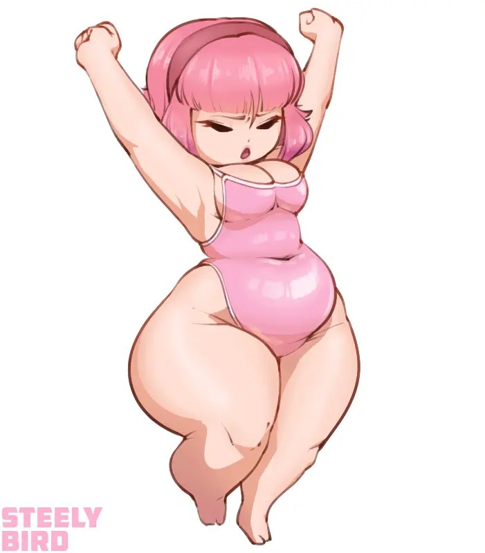 Image female,white_background,pink_hair,tagme,one-piece_swimsuit,swimsuit,cute,chubby,chubby_female,shortstack,chibi,stretching,chibi_style,steely_bird,wendy_(steelybird),adorable,pink_swimsuit,silly,skrunkly