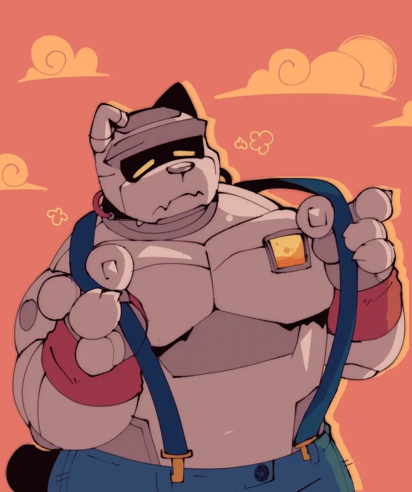 Image shirtless,robotic,gl1tch,gl1tchcat,orange_background,robot_cat