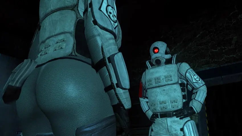 Image 1girls,female,1boy,male,ass,big_ass,big_butt,artist_request,3d,looking_at_another,ass_focus,armor,mask,gas_mask,room,post-human,masked_male,inden-ial,masked,combine_(half-life_series),combine_assassin_(half-life_series),combine_elite_(half-life_series),half-life_(series),half-life_2,inspection,metal