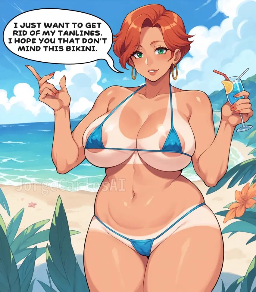 Image breasts,female,female_only,navel,red_hair,bikini,earrings,female_focus,thick_thighs,milf,wide_hips,areola,areolae,beach,water,watermark,sky,ai_generated,huge_breasts,tan_body,text,green_eyes,thick,nail_polish,cloud,tanline,tanned_skin,tan_lines,tanned,tanned_female,cameltoe,micro_bikini,sand,blue_bikini,lipstick,english_text,thick_hips,wide_thighs,speech_bubble,text_bubble,mommy,mommy_kink,blue_sky,areola_slip,barely_clothed,jorgecarlosai