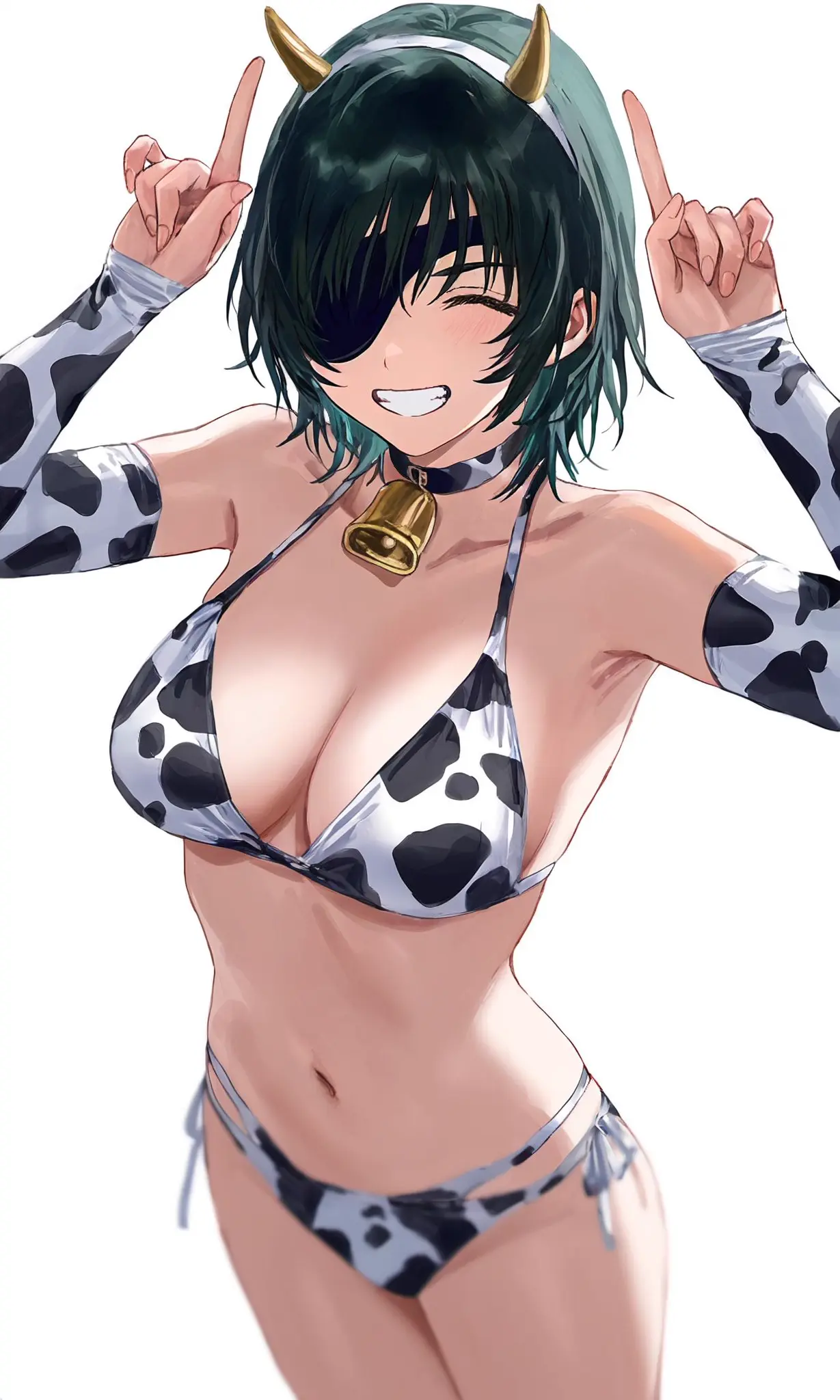 Image 1girls,big_breasts,blush,breasts,female,female_only,smile,solo,bikini,female_focus,smiling,horns,bare_shoulders,belly_button,happy,happy_female,solo_female,solo_focus,tagme,closed_eyes,cow_print,cow_print_bikini,chainsaw_man,fake_horns,eyepatch,bell_collar,bob_cut,index_finger_raised,himeno_(chainsaw_man),cowbell,cow_bikini,cowkini,cow_print_armwear,finger_horns,flat_stomach