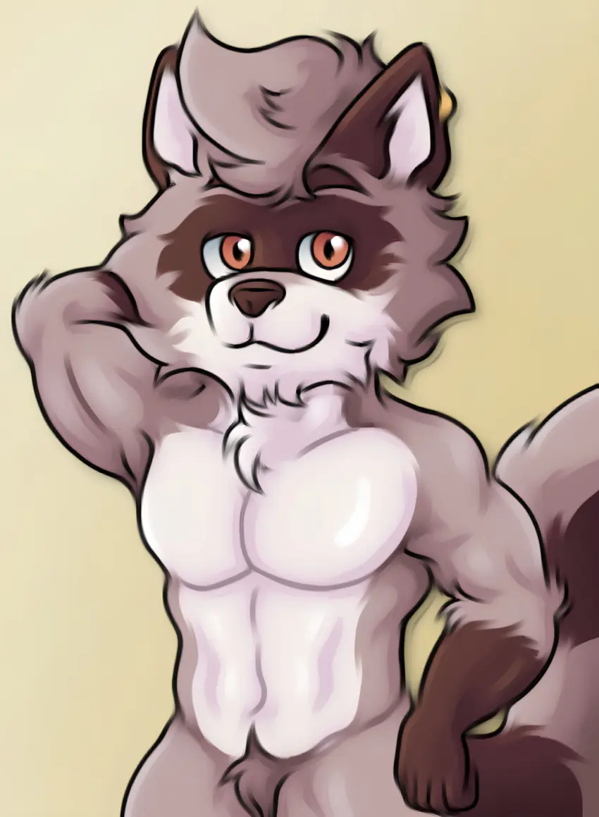 Image smile,solo,male,orange_eyes,muscular,muscular_male,piercing,fur,grey_body,grey_fur,mammal,ear_piercing,raccoon,front_view,tuft,raccoon_tail,procyonid,hand_behind_head,ear_ring,ring_piercing,head_tuft,rjquaty,duke_(duketeus)