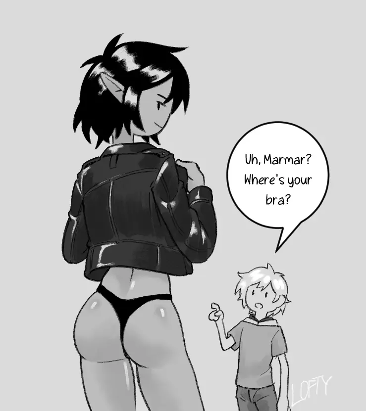 Image female,human,no_bra,1boy,black_hair,male,short_hair,panties,ass,2d,blonde_hair,black_panties,underwear_only,vampire,vampire_girl,black_and_white,monochrome,dialogue,ass_focus,english_text,grey_background,smirk,blonde_male,open_jacket,adventure_time,cartoon_network,facing_away,warner_brothers,finn_the_human,leather_jacket,english_dialogue,behind_view,warner_bros,implied_nudity,lofty_(artist),marceline