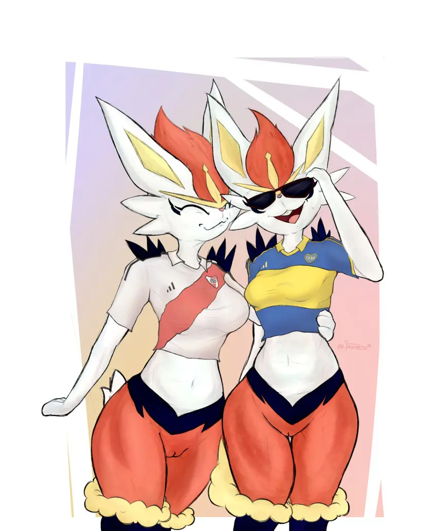 Image breasts,clothed,clothing,female,hi_res,standing,pokemon,pokemon_(species),pussy,duo,midriff,anthro,nintendo,fur,genitals,mammal,bottomless,partially_clothed,white_body,long_ears,white_fur,lagomorph,red_body,generation_8_pokemon,red_fur,cinderace,arm_around_waist,boca_juniors,river_plate,soccer_jersey,vagoncho