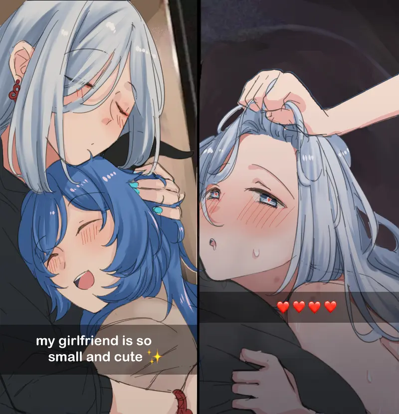 Image blush,clothed,female,grey_hair,looking_at_viewer,open_mouth,2girls,blue_hair,heart-shaped_pupils,multiple_girls,sweat,earrings,horns,happy,drooling,tagme,closed_eyes,genshin_impact,ganyu_(genshin_impact),bed,grey_eyes,yuri,hair_pull,blue_nails,meme,implied_sex,wholesome,hugging,grabbing_sheets,pinned,pinned_down,before_sex,panels,snapchat,caption,pulling_hair,grabbing_hair,nagiwww7,offscreen_sex,shenhe_(genshin_impact),sometimes_like_this_also_like_that