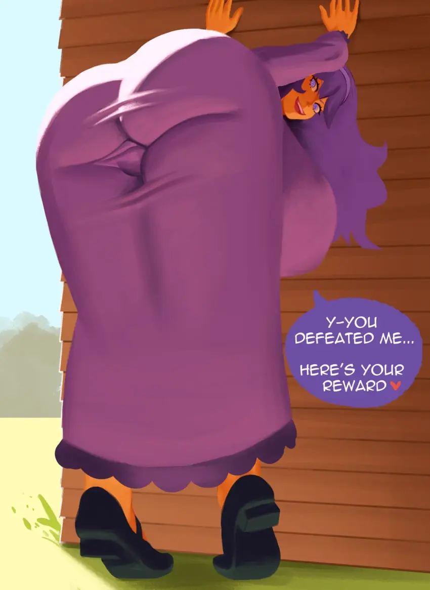 Image female,looking_at_viewer,pokemon,sweat,ass,big_ass,female_focus,huge_ass,looking_back,thick_thighs,thighs,voluptuous,from_behind,text,curvy,inviting,purple_hair,outdoors,from_below,curvaceous,back_view,large_ass,hex_maniac,endremora