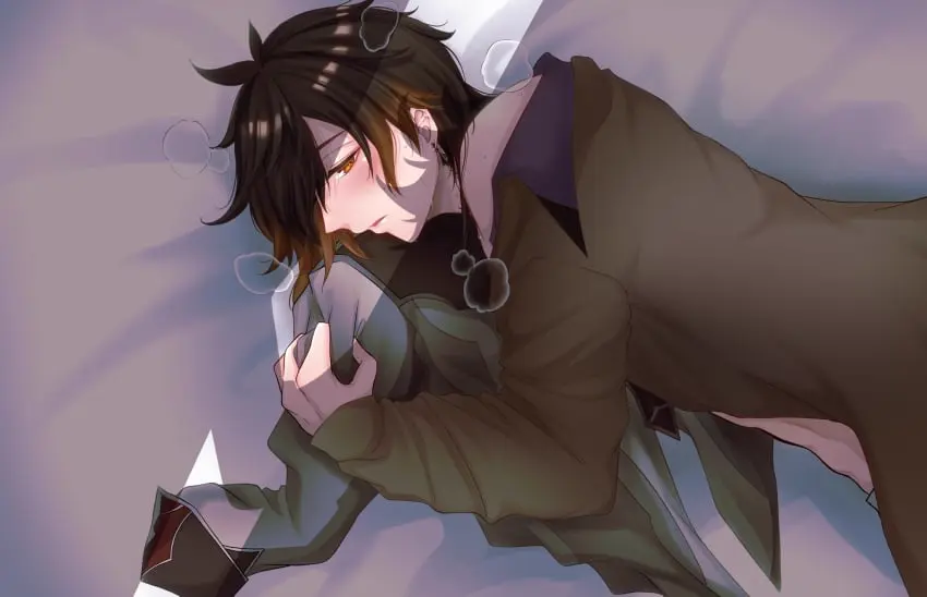 Image blush,open_shirt,solo,1boy,male,male_only,bare_shoulders,on_bed,genshin_impact,male_focus,masculine,zhongli_(archon)_(genshin_impact),zhongli_(genshin_impact),ろろん