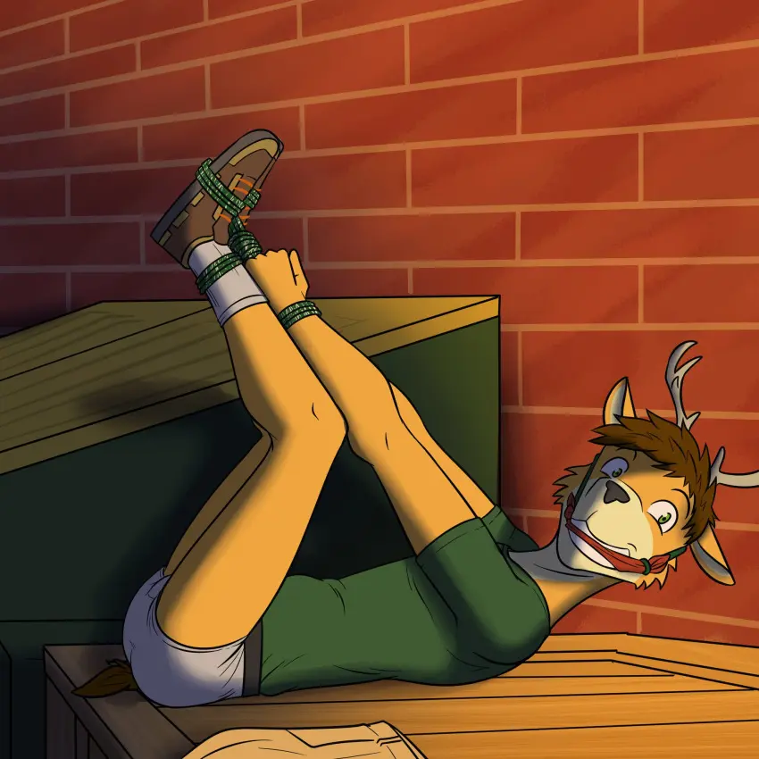 Image clothed,clothing,hi_res,shirt,solo,male,lying,on_back,underwear,anthro,socks,legs_up,footwear,mammal,bondage,alley,deer,topwear,shoes,t-shirt,bound,bound_wrists,gag,restraints,briefs,rope,pantsless,rope_bondage,bound_arms,discarded_clothing,bound_legs,wrists_tied,dumpster,feet_tied,fuze