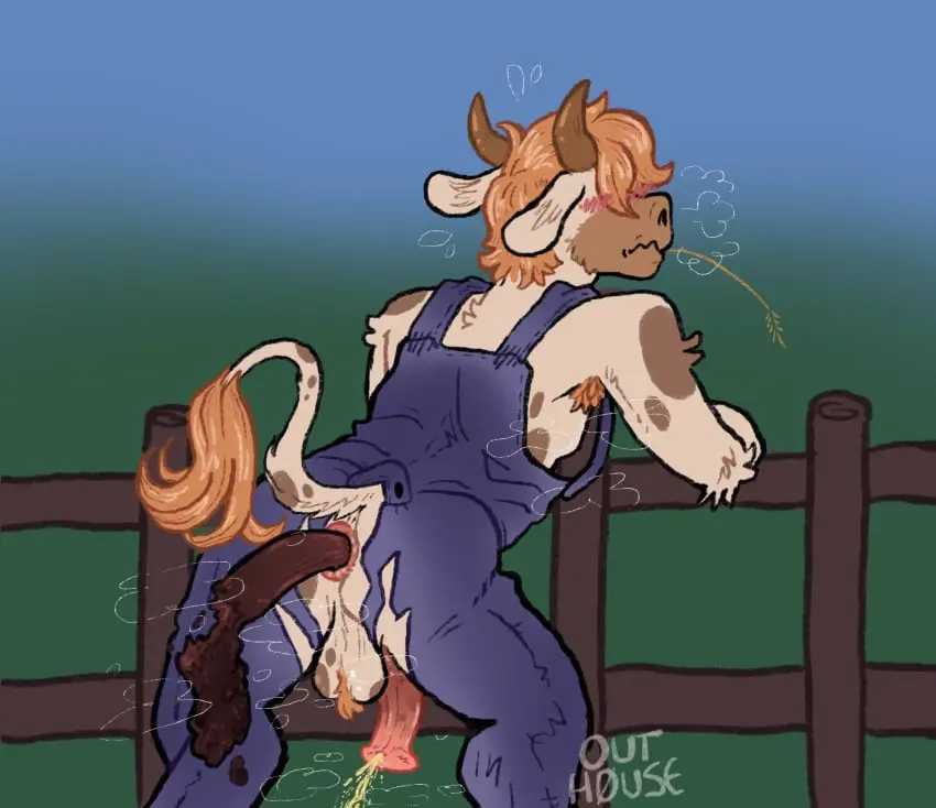 Image clothing,hi_res,solo,male,penis,tail,red_hair,male_only,overalls,balls,hair,anthro,anus,presenting,genital_fluids,bodily_fluids,fur,genitals,mammal,horn,white_body,male_focus,leaning_forward,bovid,bovine,animal_genitalia,animal_penis,markings,tuft,white_fur,equine_genitalia,torn_clothing,equine_penis,peeing,spots,musk,musk_clouds,spotted_markings,tail_tuft,farmer,scat,ball_tuft,cattle,leaning,urine,watersports,feces,urine_stream,outh0use