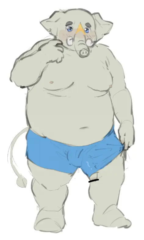 Image blush,nipples,solo,blue_eyes,male,navel,penis,belly,anthro,flaccid,genitals,grey_body,mammal,overweight,tusks,moobs,poking_out,elephant,elephantid,p1c0_p1c0,proboscidean,proboscis_(anatomy),trunk_(anatomy)