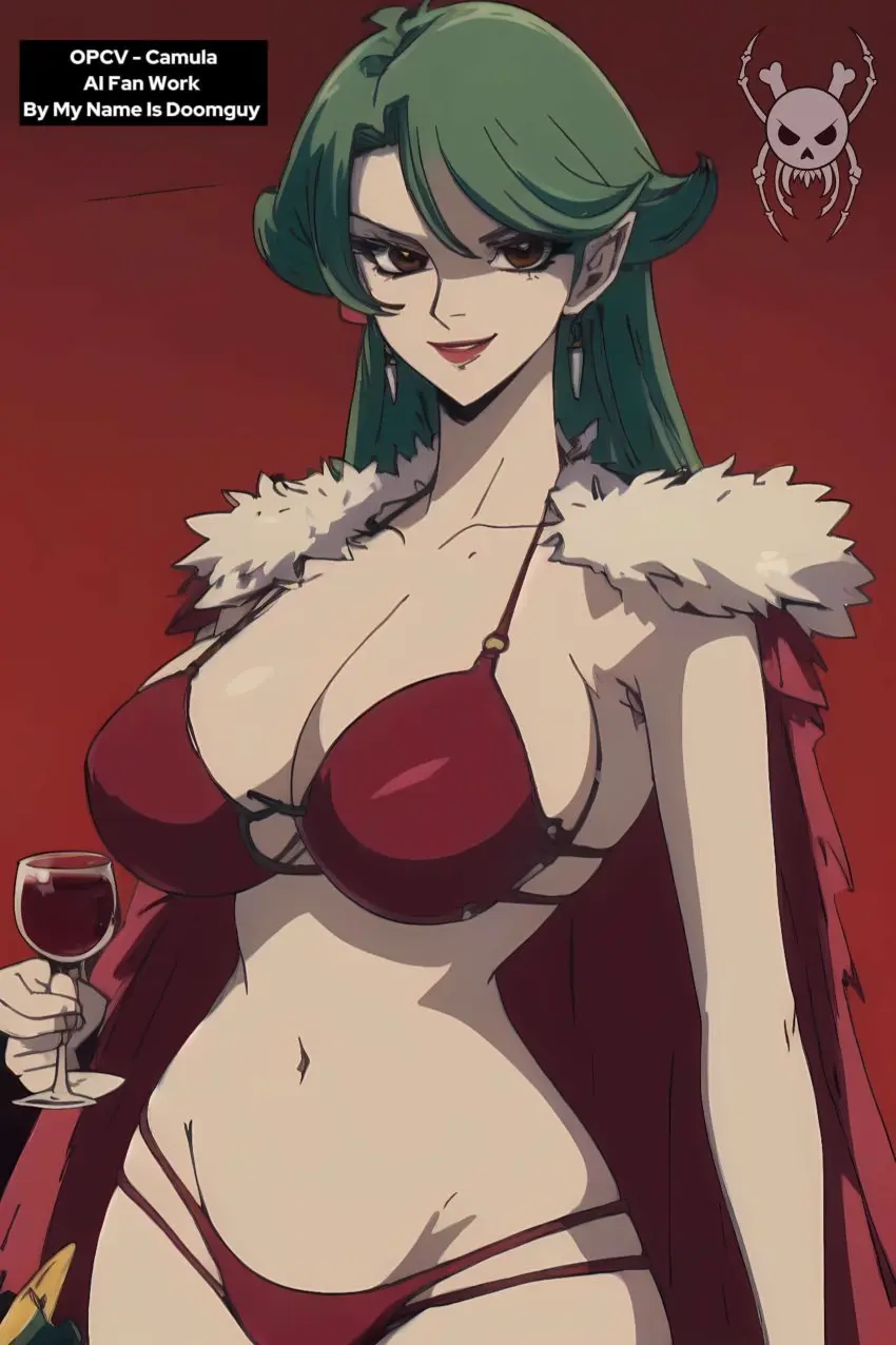 Image female,female_only,one_piece,ai_generated,yu-gi-oh!,green_hair,red_lipstick,vampire,wine_glass,red_bikini,yu-gi-oh!_gx,beast_pirates_(cosplay),camula,mynameisdoomguy