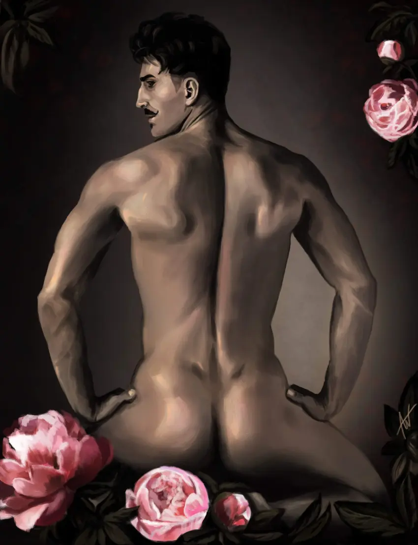 Image solo,1boy,male,nude,ass,dark-skinned_male,dark_skin,muscular,muscular_male,male_only,yaoi,from_behind,nude_male,completely_nude,naked,dark_hair,hand_on_hip,bara,flower,back_view,video_games,solo_male,naked_male,muscles,gay_male,facial_hair,moustache,rose_(flower),dorian_pavus,dragon_age,dragon_age_inquisition,mage,flowers,zefenrian