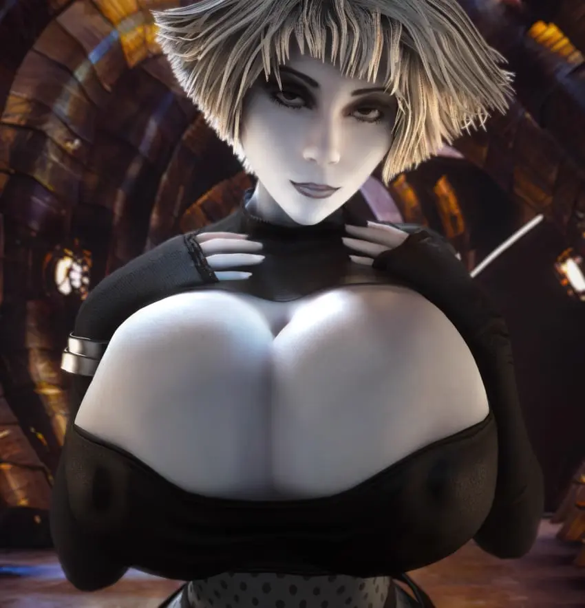 Image 1girls,breasts,clothed,female,female_only,looking_at_viewer,nipples,solo,white_hair,gloves,wide_hips,cleavage,clothed_female,solo_female,huge_breasts,breasts_bigger_than_head,enormous_breasts,gigantic_breasts,cleavage_cutout,pale-skinned_female,pale_skin,3d,hourglass_figure,slim_waist,upper_body,alternate_breast_size,3d_(artwork),nipples_visible_through_clothing,fingerless_gloves,front_view,top_heavy,silver_hair,boob_window,grey_skin,close-up,top_heavy_breasts,vaako,chiana,closeup,farscape
