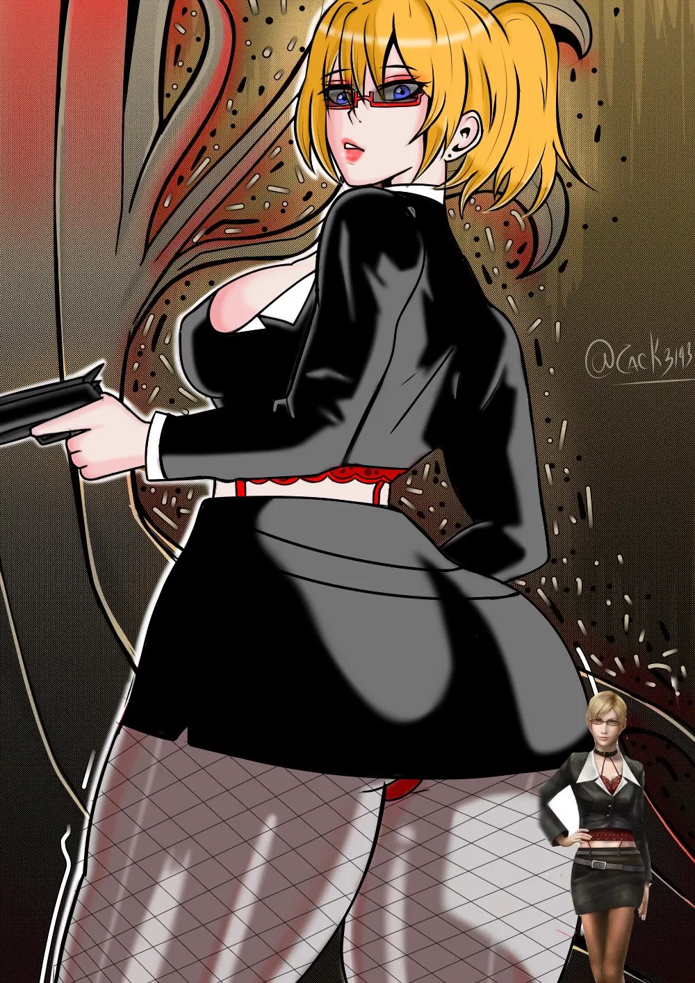 Image 1girls,breasts,female,blue_eyes,ass,cleavage,lingerie,glasses,tagme,blonde_hair,tied_hair,official_alternate_costume,alternate_costume,fishnets,aya_brea,parasite_eve,square_enix,gun,pistol,office_lady,weapons,zack3143,business_suit,parasite_eve_the_3rd_birthday