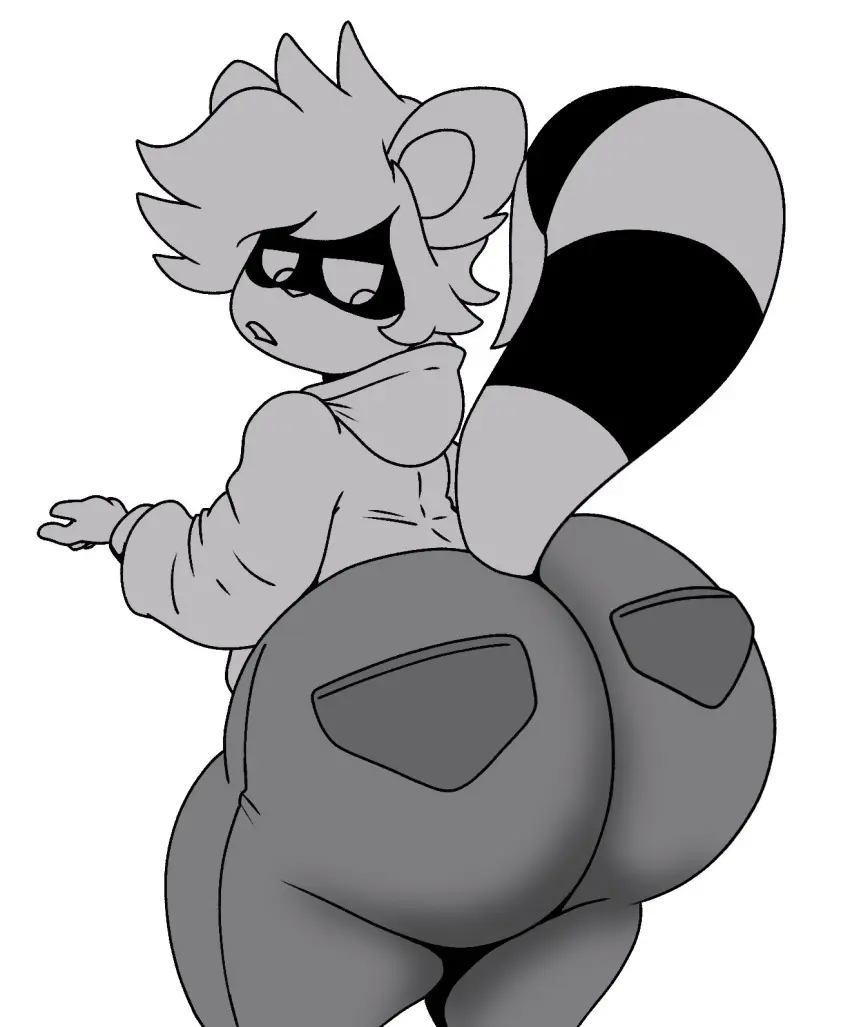 Image white_background,male,tail,big_ass,huge_ass,humanoid,biting_lip,femboy,anthro,shortstack,shortstack_femboy,raccoon,non-human,jeans,greyscale,kevin_cho_(wonsp)