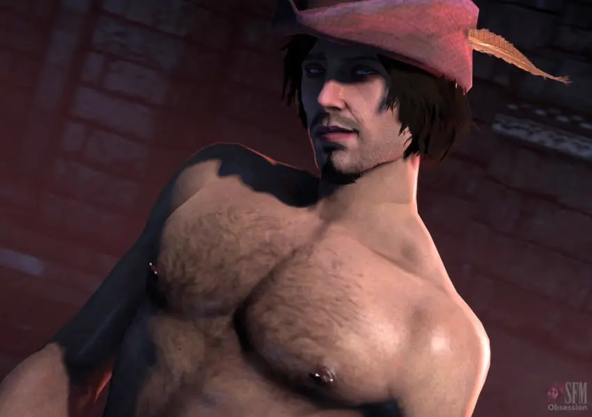 Image human,light_skin,long_hair,looking_at_viewer,nipples,smile,solo,1boy,blue_eyes,male,hat,seductive,seductive_look,seductive_smile,muscular,muscular_male,smiling,male_only,yaoi,artist_name,feathers,light-skinned_male,piercing,brown_hair,dark_hair,3d,bara,artist_signature,pecs,3d_(artwork),3d_model,video_games,solo_male,nipple_piercing,beard,muscles,facial_hair,hairy_chest,shirtless,the_witcher_(series),chest_hair,artist_website,bard,jaskier_(the_witcher),obbi_mation,the_witcher