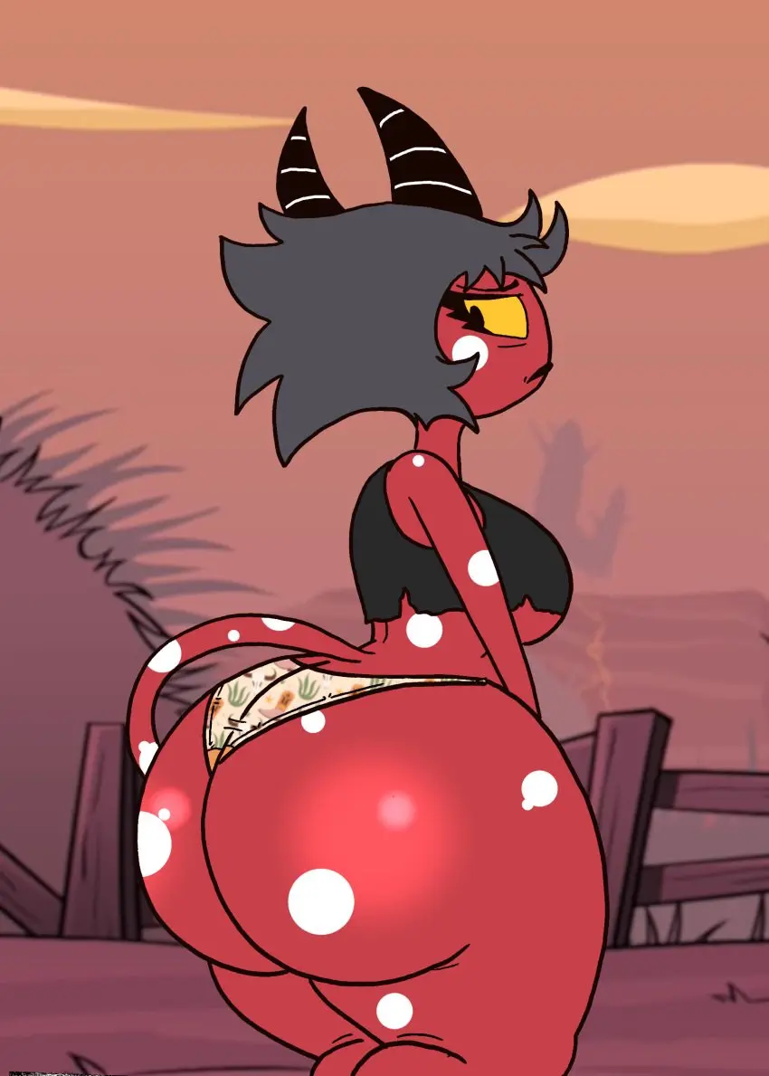 Image big_breasts,breasts,clothing,female,hi_res,solo,yellow_eyes,panties,underwear,ass,big_butt,huge_butt,humanoid,wide_hips,hair,demon,absurd_res,mature_female,horn,helluva_boss,red_body,messy_hair,cafe-grimful,hell,lin_(helluva_boss)