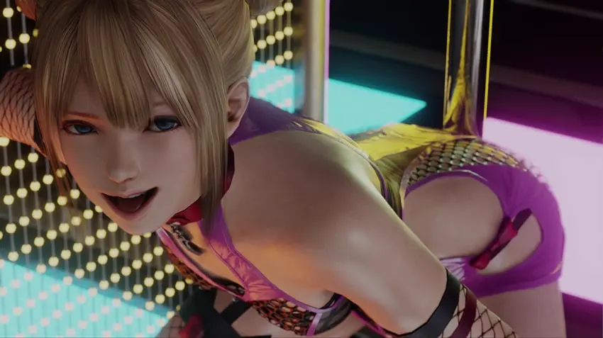 Image 1girls,female,female_only,looking_at_viewer,open_mouth,smile,solo,blue_eyes,blonde_hair,teenager,smug,3d,bent_over,3d_(artwork),teasing,dead_or_alive,naughty_face,stripper_pole,sticking_out_tongue,purple_dress,kishi,strip_club,hairbuns,marie_rose