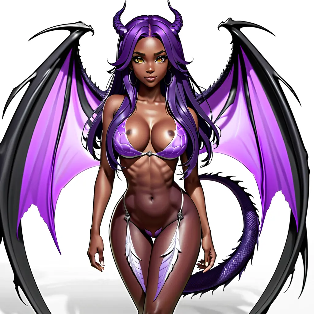 Image breasts,female,long_hair,nipples,small_breasts,dark_skin,horns,feathers,wings,purple_hair,dragon,slender_waist,magical_girl
