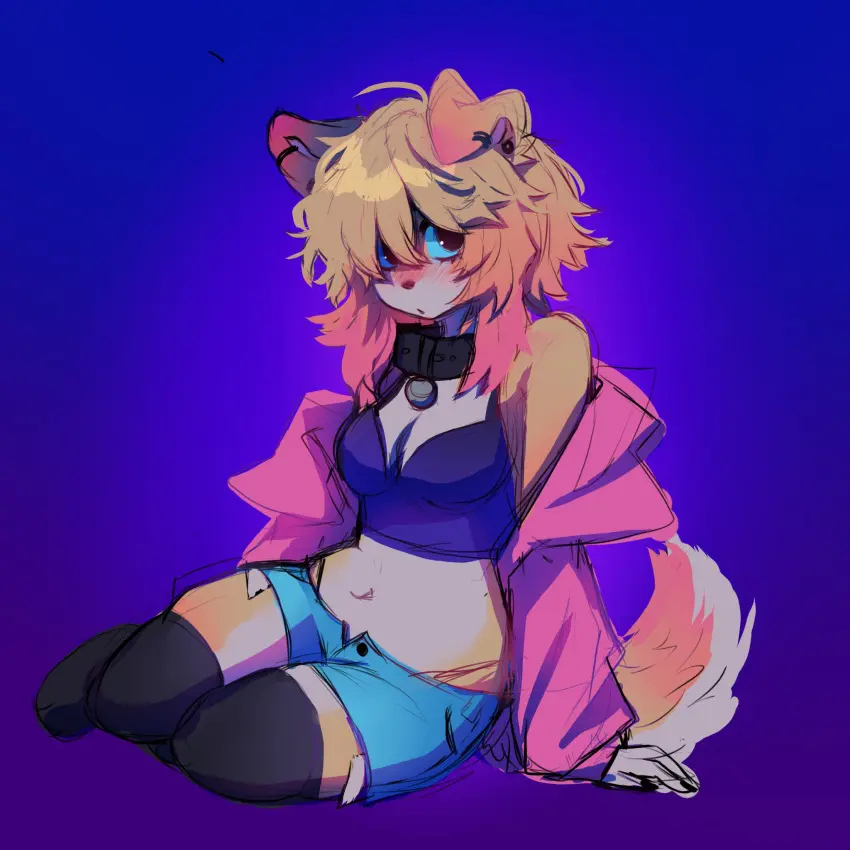 Image big_breasts,blush,breasts,clothed,clothing,female,thighhighs,panties,thighs,belly,belly_button,cleavage,piercing,blonde_hair,sitting,cute,collar,dog_girl,shorts,thigh_highs,blonde_female,crop_top,sitting_on_floor,exposed_belly,anakoluth,curly_tail