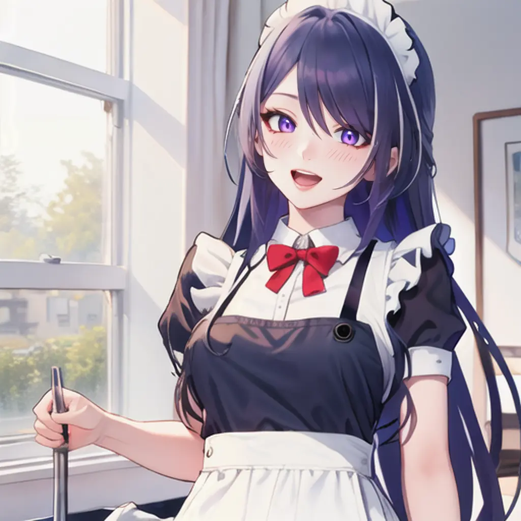 Image smile,ai_generated,maid,maid_uniform,maid_headdress,maid_apron,acheron_(honkai:_star_rail),funkylewdai