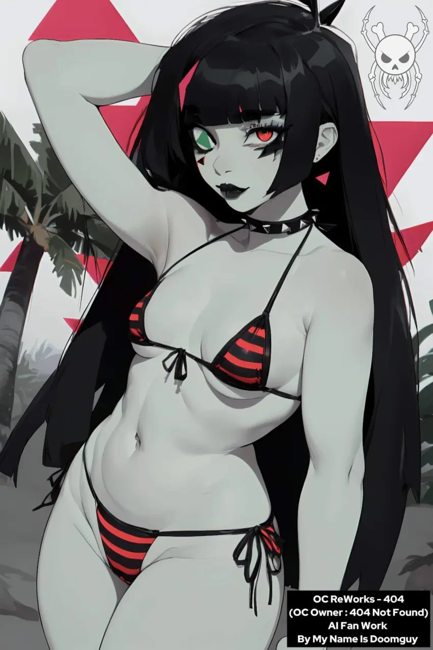 Image 1girls,female,female_only,black_hair,bikini,ai_generated,solo_female,youtube,youtube_hispanic,lips,original_character,alternate_version_available,self_upload,black_lipstick,spiked_collar,grey_skin,mynameisdoomguy,404,triangle_earrings