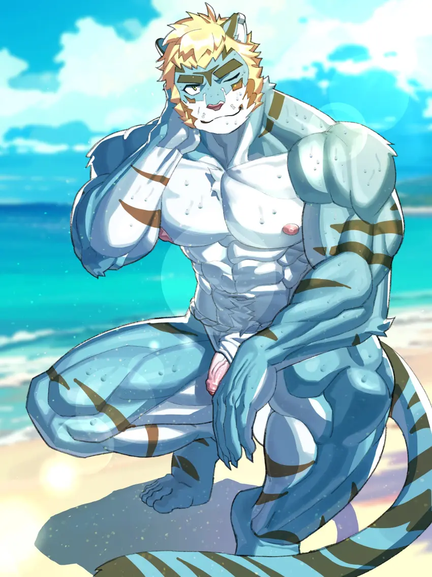 Image hi_res,nipples,solo,male,nude,penis,muscular,muscular_male,beach,eyebrows,balls,hair,anthro,blonde_hair,one_eye_closed,wink,absurd_res,public,flaccid,fur,genitals,mammal,muscular_anthro,pecs,thick_eyebrows,foreskin,uncircumcised,blue_body,abs,blue_fur,felid,pantherine,stripes,tiger,lifewonders,striped_body,striped_fur,public_nudity,live_a_hero,gorigori_3,rexer