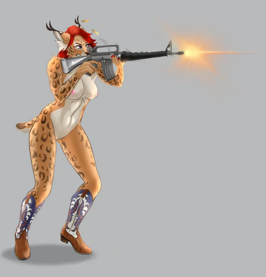 Image clothing,female,hi_res,solo,nude,anthro,absurd_res,footwear,mammal,feline,weapon,boots,felid,ranged_weapon,gun,lynx,aiming_weapon,cadence_ann,cinnameana,cowboy_boots,rifle,shooting
