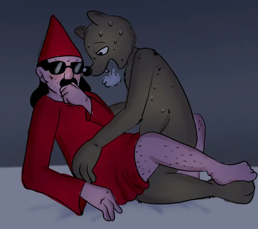 Image blush,clothing,human,black_hair,male,sweat,hat,sex,duo,headwear,male/male,headgear,shaded,eyewear,hair,anthro,mythology,bodily_fluids,canid,canine,canis,fur,mammal,wolf,brown_fur,mythological_canine,mythological_creature,were,werecanid,werecanine,werewolf,brown_body,magic_user,sunglasses,body_hair,gatorbeanjava,megg_mogg_&_owl,mike_(megg_mogg_&_owl),pointed_hat,werewolf_jones,wizard_hat,wizard_robe