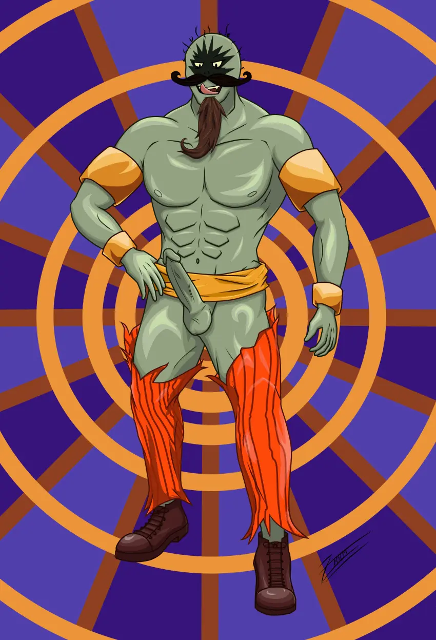 Image solo,standing,1boy,male,penis,muscular,yaoi,balls,bara,bracelet,erect_penis,torn_clothes,abs,beard,torn_pants,mostly_nude,moustache,zombie,plants_vs_zombies,plants_vs_zombies_2:_it's_about_time,zkurym,firebreather_zombie