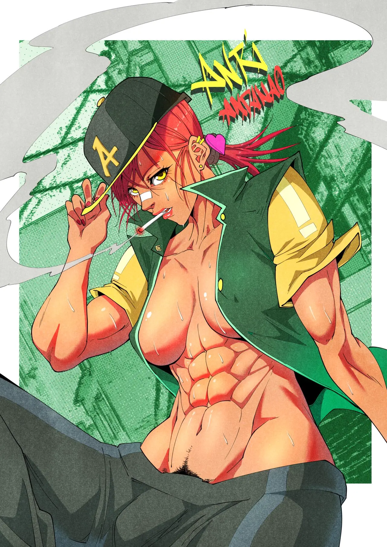 Image big_breasts,breasts,clothed,clothing,human,light_skin,mostly_clothed,solo,penis,short_hair,sweat,yellow_eyes,red_hair,1futa,futanari,intersex,light-skinned_futa,muscular,futa_only,pubic_hair,bulge,flaccid,sweating,abs,smoking,muscular_futa,pubic_hair_peek,third-party_source,uselessbegging