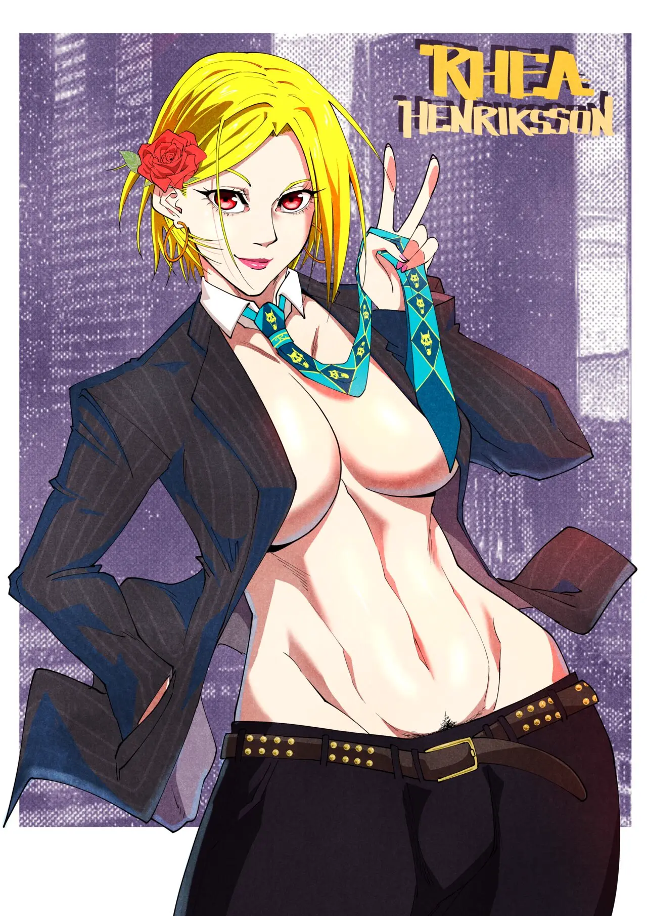 Image big_breasts,breasts,clothed,clothing,human,light_skin,mostly_clothed,open_clothes,open_shirt,solo,standing,short_hair,1futa,futanari,intersex,light-skinned_futa,muscular,underboob,blonde_hair,futa_only,pubic_hair,bulge,abs,muscular_futa,pubic_hair_peek,suit,character_name,suit_and_tie,uselessbegging,rhea_(uselessbegging)