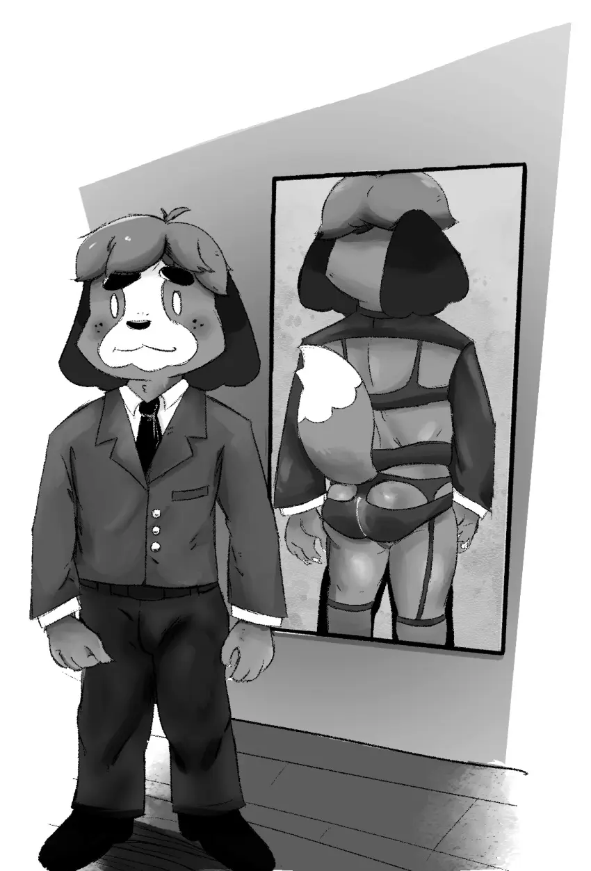 Image clothing,hi_res,looking_at_viewer,smile,solo,male,lingerie,anthro,nintendo,monochrome,canid,canine,canis,domestic_dog,footwear,mammal,claws,animal_crossing,topwear,meme,uniform,shoes,bottomwear,shih_tzu,toy_dog,blazer,mirror,digby_(animal_crossing),thael