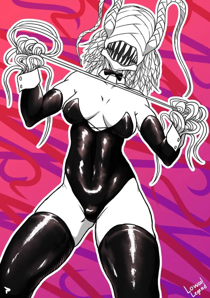 Image 1girls,breasts,clothed,female,female_only,open_mouth,thighhighs,monster_girl,demon,sharp_teeth,bunnysuit,chainsaw_man,toned,toned_stomach,bow_tie,lowcallegend,tendrils,whip_hybrid