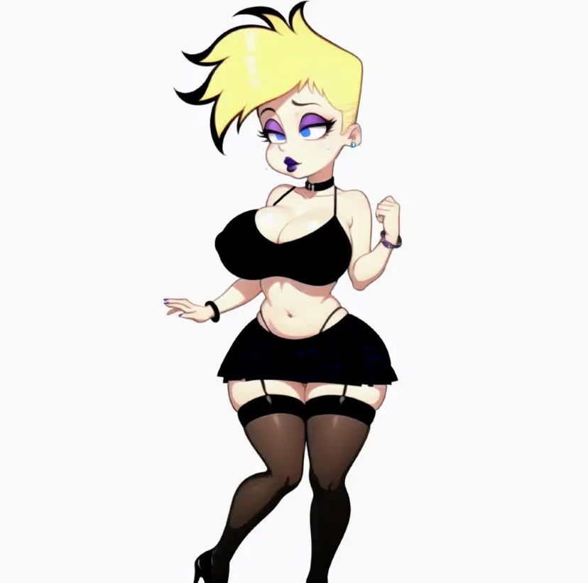 Image big_breasts,breasts,female,choker,earrings,thick_thighs,ai_generated,cleavage,eyelashes,blonde_hair,thick,thick_ass,skirt,high_heels,blonde_hair_female,blonde_female,black_lips,goth,goth_girl,rule_63,jenny_test,johnny_test,johnny_test_(series),short_skirt,black_highlights,black_leggings,goth_makeup,goth_mommy,nogitsunespirit,purple_eyeshadow