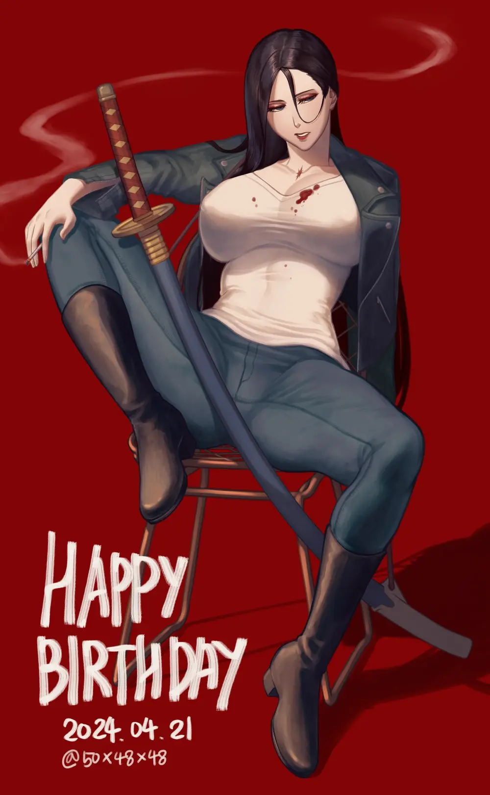 Image 1girls,big_breasts,breasts,female,black_hair,thick_thighs,thighs,milf,ai_generated,artist_name,cleavage,solo_focus,huge_breasts,spread_legs,sitting,hair_between_eyes,blood,jacket,eyeshadow,legs_apart,bleach,scar,boots,bleach:_the_thousand-year_blood_war,sitting_on_chair,cigarette,jeans,smoking,sword,leather_jacket,50x48x48,birthday,blood_stain,gilf,unohana_retsu,unohana_yachiru
