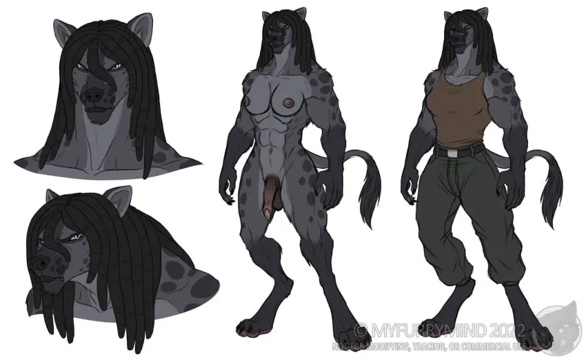 Image breasts,clothed,clothing,hi_res,nipples,pants,shirt,solo,standing,black_hair,navel,nude,penis,barefoot,futanari,intersex,athletic,feet,watermark,balls,hair,anthro,2022,fur,genitals,grey_body,grey_fur,mammal,claws,paws,toe_claws,5_fingers,black_nose,abs,fingers,toes,tank_top,gynomorph,markings,topwear,humanoid_hands,bottomwear,4_toes,hindpaw,spots,spotted_body,spotted_fur,model_sheet,athletic_anthro,athletic_intersex,hyena,finger_claws,dreadlocks,spotted_hyena,aisha_(myfurrymind),athletic_gynomorph,myfurrymind