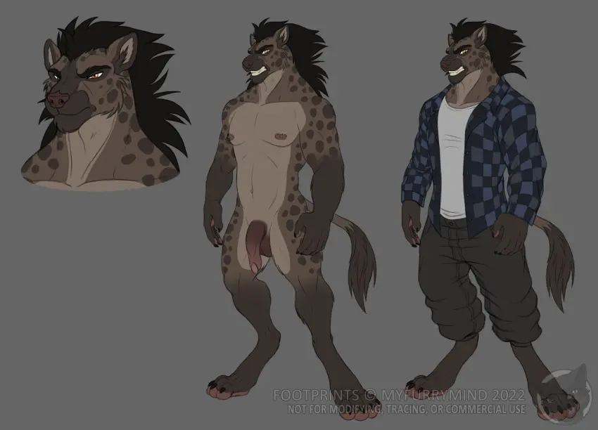 Image clothed,clothing,hi_res,nipples,pants,solo,standing,black_hair,male,navel,nude,penis,barefoot,athletic,athletic_male,feet,watermark,eyebrows,teeth,balls,hair,anthro,clenched_teeth,2022,fur,genitals,mammal,claws,paws,toe_claws,5_fingers,fingers,brown_fur,toes,markings,brown_body,humanoid_hands,bottomwear,4_toes,hindpaw,spots,spotted_body,spotted_fur,model_sheet,athletic_anthro,hyena,finger_claws,flat_colors,spotted_hyena,myfurrymind,flannel,razor_(myfurrymind)