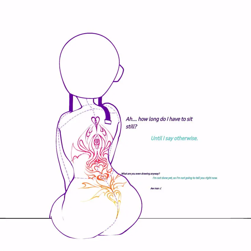 Image male,ass,text,back,ambiguous_gender,dialogue,focus,dialog,back_view,no_visible_genitalia,conversation,behind_view,body_paint,cheeked_up,climber,endzone,law_of_talos,no_visible_face,painting_body